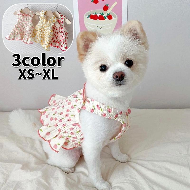 犬服ハンドメイド・リンゴ柄フリル付き・キャップスリーブ ペット用ワンピース ペットウェア 犬服 猫服 犬用ウェア ドッグウェア