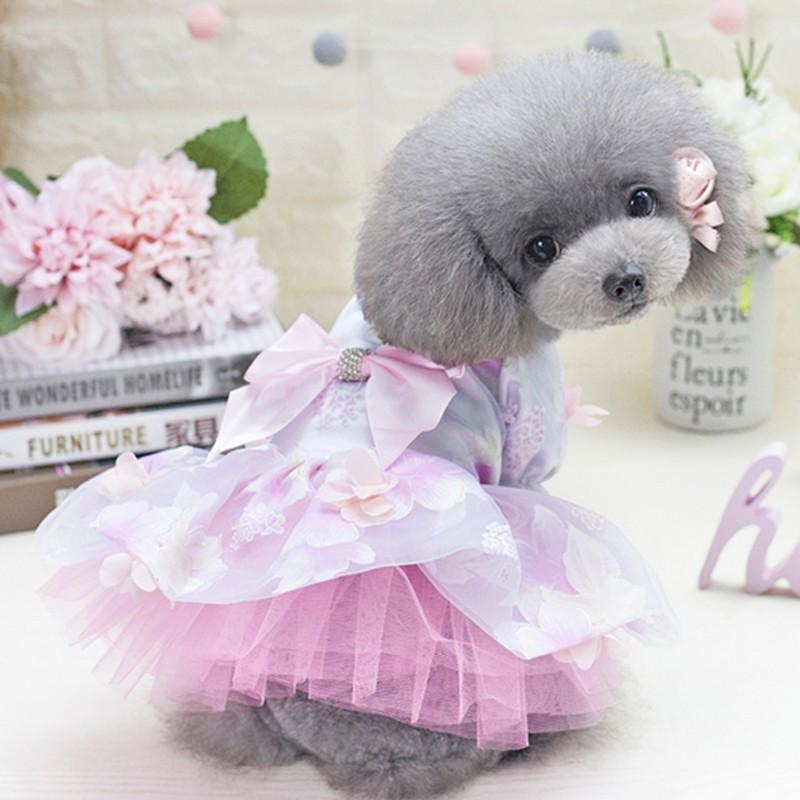 犬用ワンピース 花柄リボン刺繍 パフスリーブ 犬服 花刺繍リボン付き