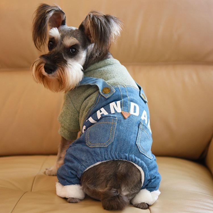 犬用カバーオール 犬用ツナギ 犬用ニット ドッグ ドッグウェア ペット用品 前ボタン フェイクレイヤード 重ね着風 ポケット付き デニム 裏