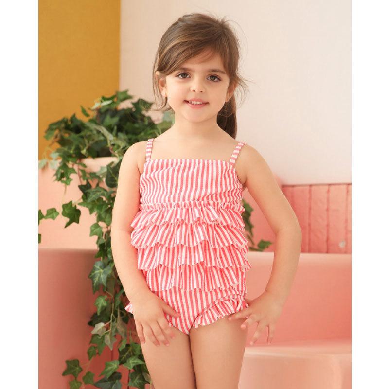 水着 キッズ 子供 女の子 スイムウエア 可愛い キャミソール ワンピース ロンパース 水泳 海 プール リボン 花柄 ボーダー ストライプ フリル | plusnao | 01