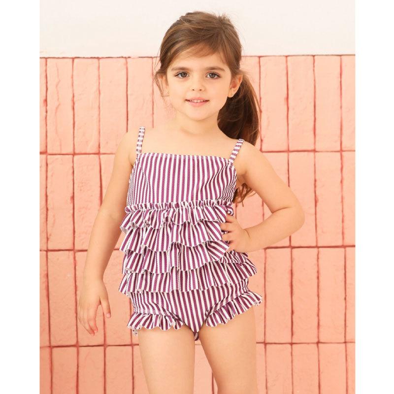 水着 キッズ 子供 女の子 スイムウエア 可愛い キャミソール ワンピース ロンパース 水泳 海 プール リボン 花柄 ボーダー ストライプ フリル | plusnao | 02