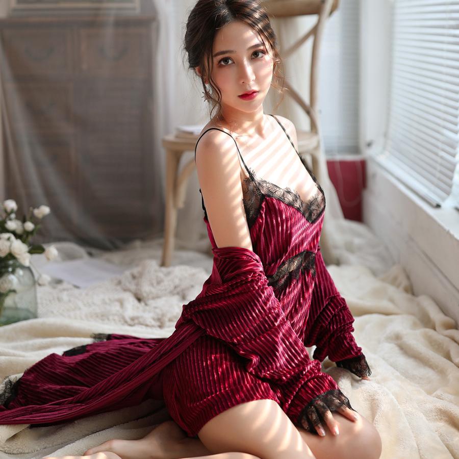 ナイトガウン レディース 寝間着 ナイトウェア ネグリジェ 2点セット パジャマ ワンピース スリップ ベビードール キャミソール セクシー 高級感 | plusnao | 01