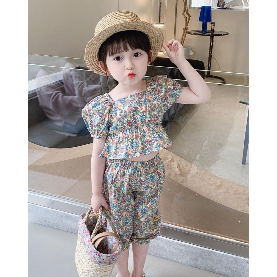 セットアップ 上下セット 2点セット ブラウス ハーフパンツ キッズ 女の子 トップス ボトムス 半袖 スクエアネック パフスリーブ ゴムウエスト 6 | plusnao | 12