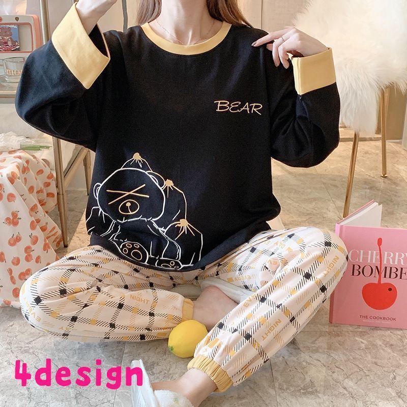 ルームウェア パジャマ レディース 女性用 長袖 長ズボン クルーネック ジョガー ロングパンツ 寝巻 部屋着 チェック かわいい くま イラスト プ プラスナオ Paypayモール店 通販 Paypayモール