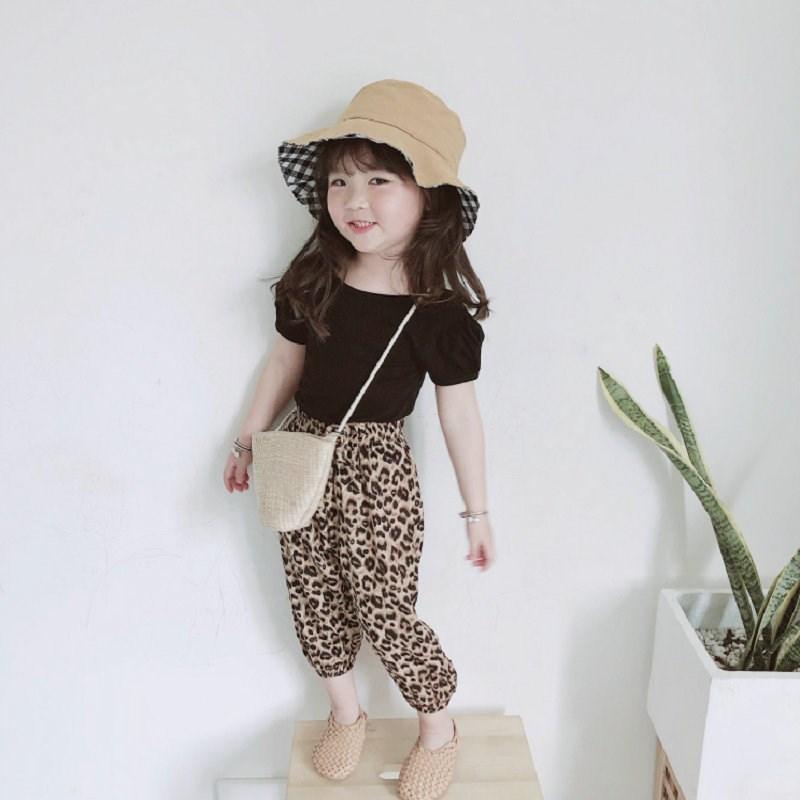 セットアップ 上下セット 2点セット キッズ 子供服 カットソー 半袖 クロップドパンツ ジョガーパンツ パフスリーブ 背中開き 無地 レオパード柄 | ブランド登録なし | 10