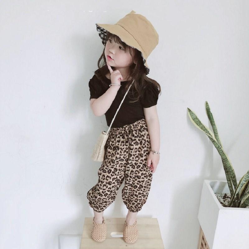 セットアップ 上下セット 2点セット キッズ 子供服 カットソー 半袖 クロップドパンツ ジョガーパンツ パフスリーブ 背中開き 無地 レオパード柄 | ブランド登録なし | 12