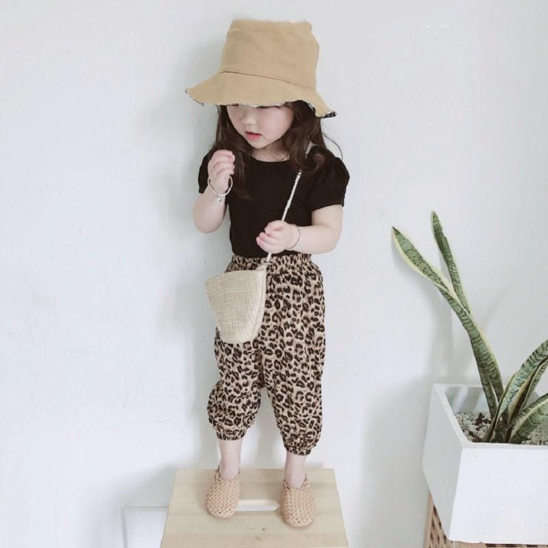 セットアップ 上下セット 2点セット キッズ 子供服 カットソー 半袖 クロップドパンツ ジョガーパンツ パフスリーブ 背中開き 無地 レオパード柄 | ブランド登録なし | 13