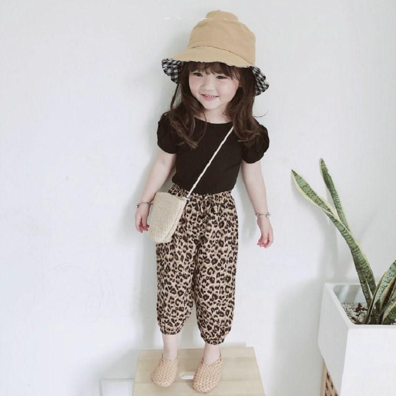 セットアップ 上下セット 2点セット キッズ 子供服 カットソー 半袖 クロップドパンツ ジョガーパンツ パフスリーブ 背中開き 無地 レオパード柄 | ブランド登録なし | 02