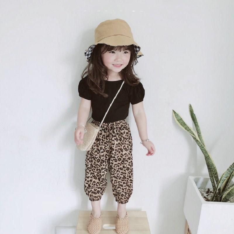 セットアップ 上下セット 2点セット キッズ 子供服 カットソー 半袖 クロップドパンツ ジョガーパンツ パフスリーブ 背中開き 無地 レオパード柄 | ブランド登録なし | 03