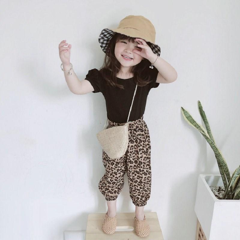 セットアップ 上下セット 2点セット キッズ 子供服 カットソー 半袖 クロップドパンツ ジョガーパンツ パフスリーブ 背中開き 無地 レオパード柄 | ブランド登録なし | 04