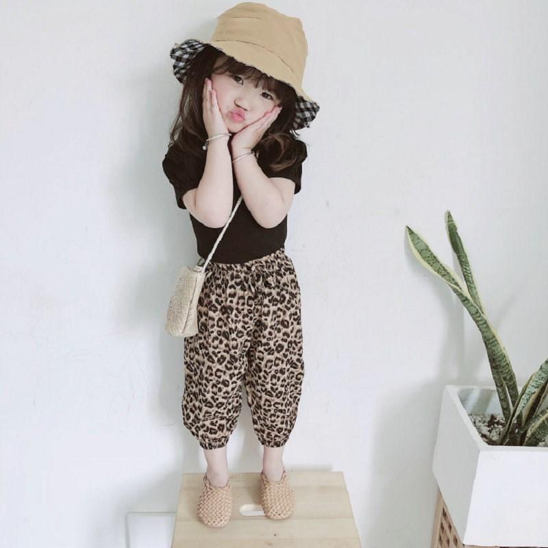 セットアップ 上下セット 2点セット キッズ 子供服 カットソー 半袖 クロップドパンツ ジョガーパンツ パフスリーブ 背中開き 無地 レオパード柄 | ブランド登録なし | 05