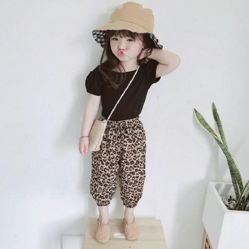セットアップ 上下セット 2点セット キッズ 子供服 カットソー 半袖 クロップドパンツ ジョガーパンツ パフスリーブ 背中開き 無地 レオパード柄 | ブランド登録なし | 06