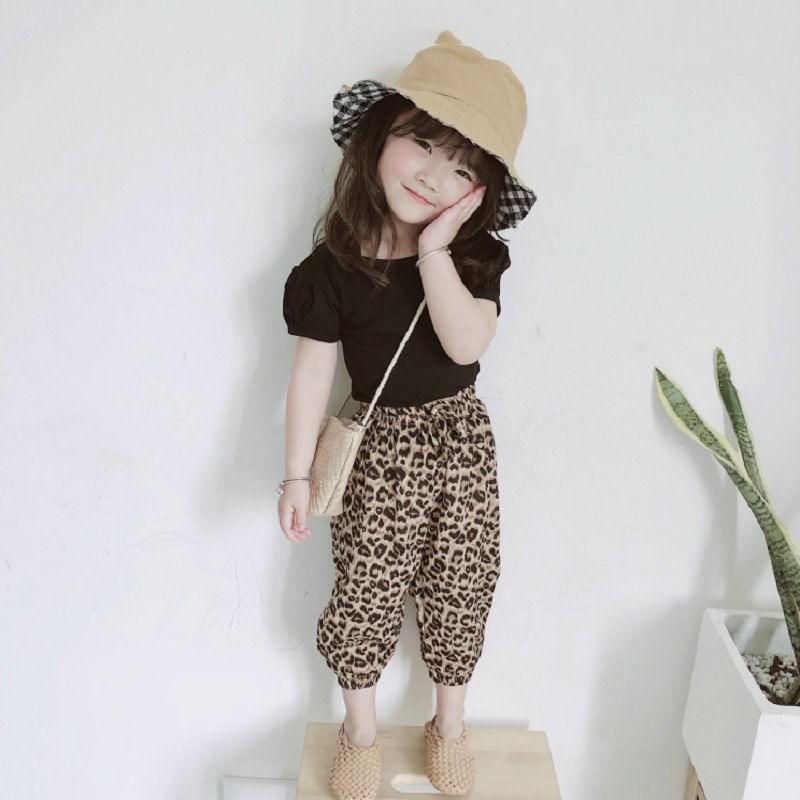 セットアップ 上下セット 2点セット キッズ 子供服 カットソー 半袖 クロップドパンツ ジョガーパンツ パフスリーブ 背中開き 無地 レオパード柄 | ブランド登録なし | 09