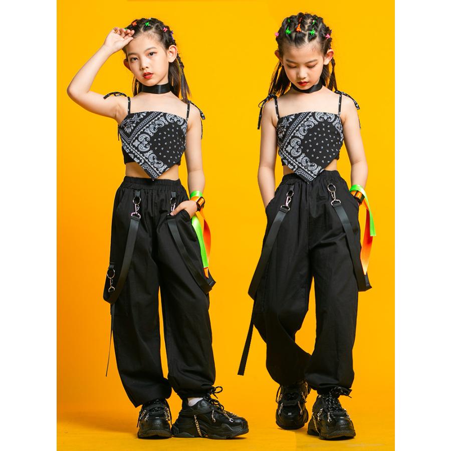 キッズダンス衣装 女の子 キッズ ジュニア セットアップ スクエアネック ブラック かっこいい クール HIPHOP ストリートダンス | plusnao | 02