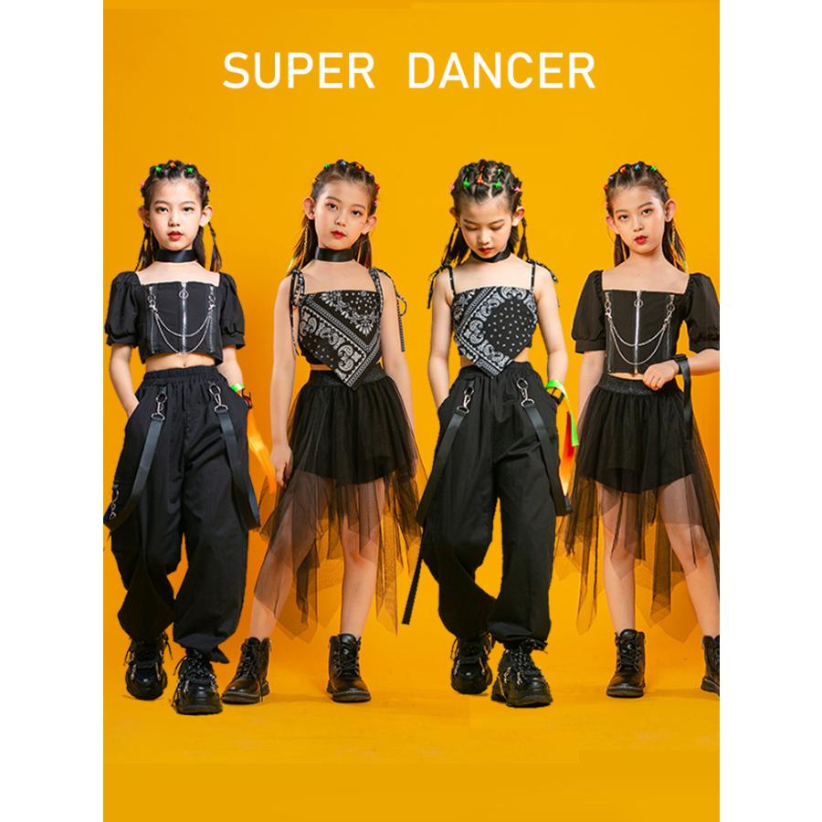 キッズダンス衣装 女の子 キッズ ジュニア セットアップ スクエアネック ブラック かっこいい クール HIPHOP ストリートダンス | plusnao | 03