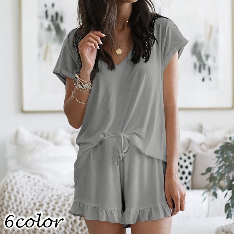 ルームウェア 上下セット 部屋着 パジャマ レディース 女性用 半袖 ショートパンツ 短パン Vネック 無地 フリル シンプル カジュアル 寝巻き 寝 Set プラスナオyahoo 店 通販 Yahoo ショッピング
