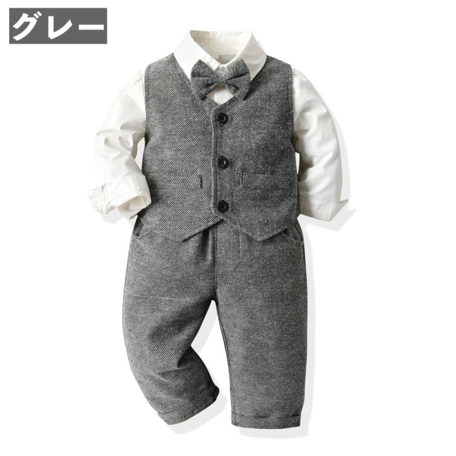 スーツ 上下 3点セット セットアップ 蝶ネクタイ付き キッズ ベビー ジュニア 男の子 ベスト シャツ 長袖 ロングパンツ 長ズボン ウエストゴム | plusnao | 15