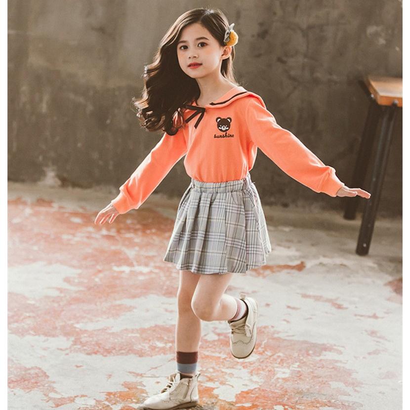 セットアップ 上下セット パーカー プリーツスカート キッズ 子供用 女の子 春服 長袖 丸襟 リボン チェック柄 熊 かわいい お出かけ グリーン プラスナオ Paypayモール店 通販 Paypayモール