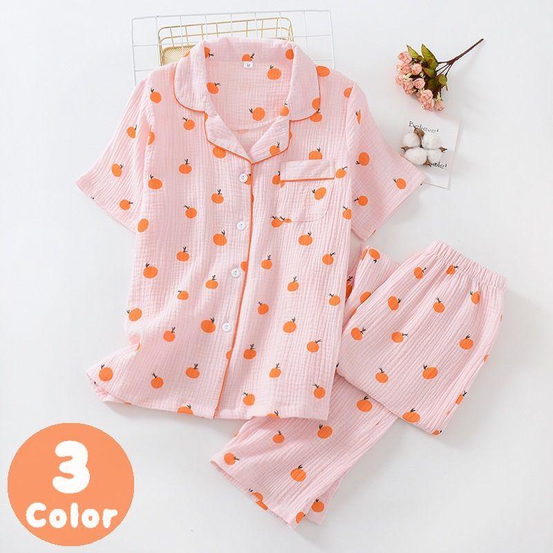 パジャマ 上下セット 2点セット レディース 半袖 前開き ルームウェア 長ズボン ロングパンツ ポケット付き かわいい みかん柄 フルーツ Vネック プラスナオ Paypayモール店 通販 Paypayモール