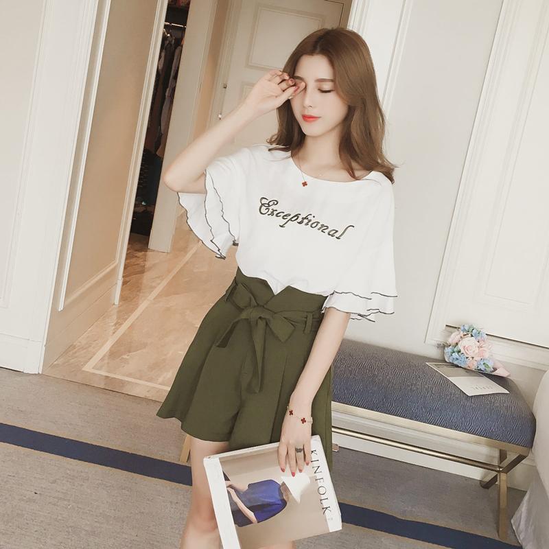 セットアップ Tシャツ カットソー キュロットスカート 半袖 2点セット レディース ボートネック 袖フリル 袖フレア 英語ロゴ ミニ丈 ウエスト紐 プラスナオ Paypayモール店 通販 Paypayモール