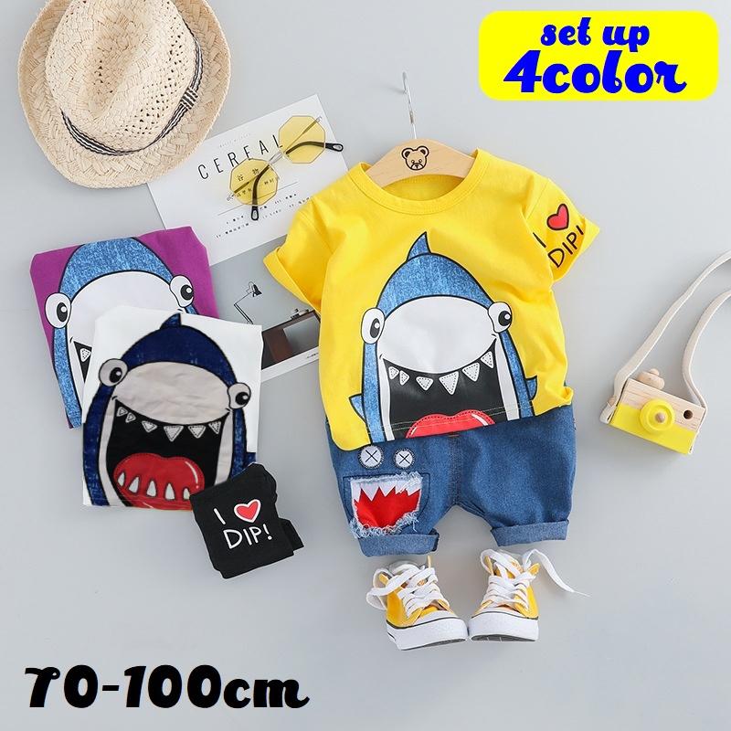 セットアップ 上下セット Tシャツ 半袖 ショートパンツ ベビー キッズ 子供 男の子 女の子 イラスト プリント サメ