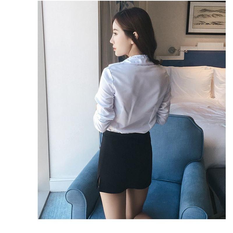 セットアップ レディース 上下セット コスチューム 衣装 白シャツ ブラウス スカート ホワイト 黒 フィット タイト お買い得品 白 2点セット スリム ミニ丈