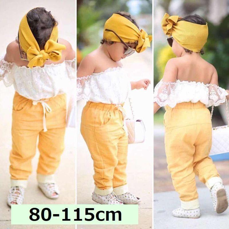 セットアップ キッズ 3点セット トップス レース オフショル パンツ 長ズボン ヘアバンド ヘアアクセ かわいい おしゃれ 外国人風 海外セレブ風 Set プラスナオyahoo 店 通販 Yahoo ショッピング