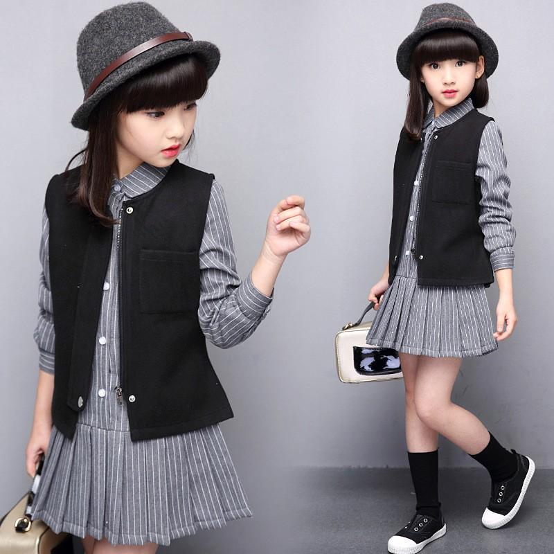 セットアップ シャツワンピース プリーツワンピース ミニワンピース ベスト ジレ 子供服 女の子 女児 キッズ 小学生 秋冬 長袖 ストライプ柄 襟付 プラスナオ Paypayモール店 通販 Paypayモール