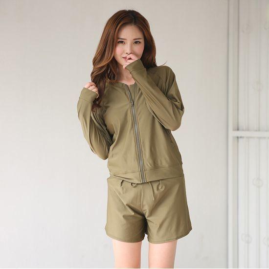 ラッシュガード 水着 レディース 長袖 ショートパンツ ジップアップ ファスナー ウエストゴム ポケット 無地 シンプル 水着素材 体型カバー ママ水 | plusnao | 16