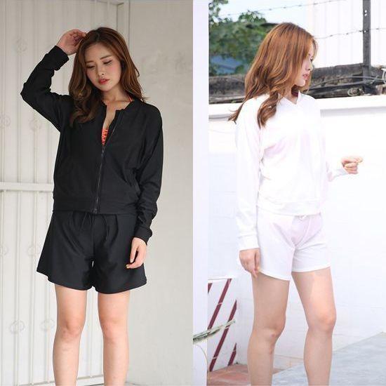 ラッシュガード 水着 レディース 長袖 ショートパンツ ジップアップ ファスナー ウエストゴム ポケット 無地 シンプル 水着素材 体型カバー ママ水 | plusnao | 19