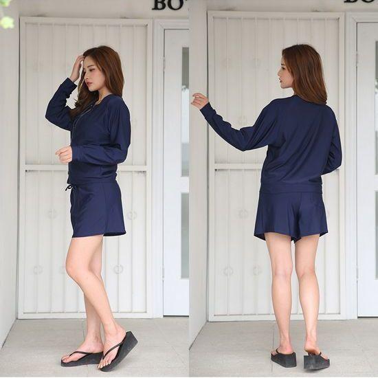 ラッシュガード 水着 レディース 長袖 ショートパンツ ジップアップ ファスナー ウエストゴム ポケット 無地 シンプル 水着素材 体型カバー ママ水 | plusnao | 11