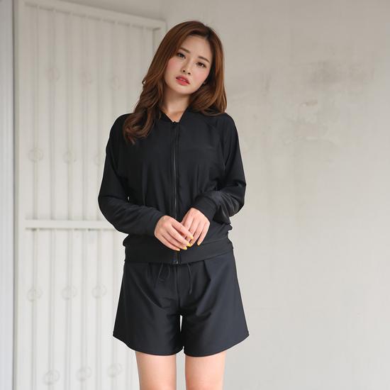 ラッシュガード 水着 レディース 長袖 ショートパンツ ジップアップ ファスナー ウエストゴム ポケット 無地 シンプル 水着素材 体型カバー ママ水 | plusnao | 14