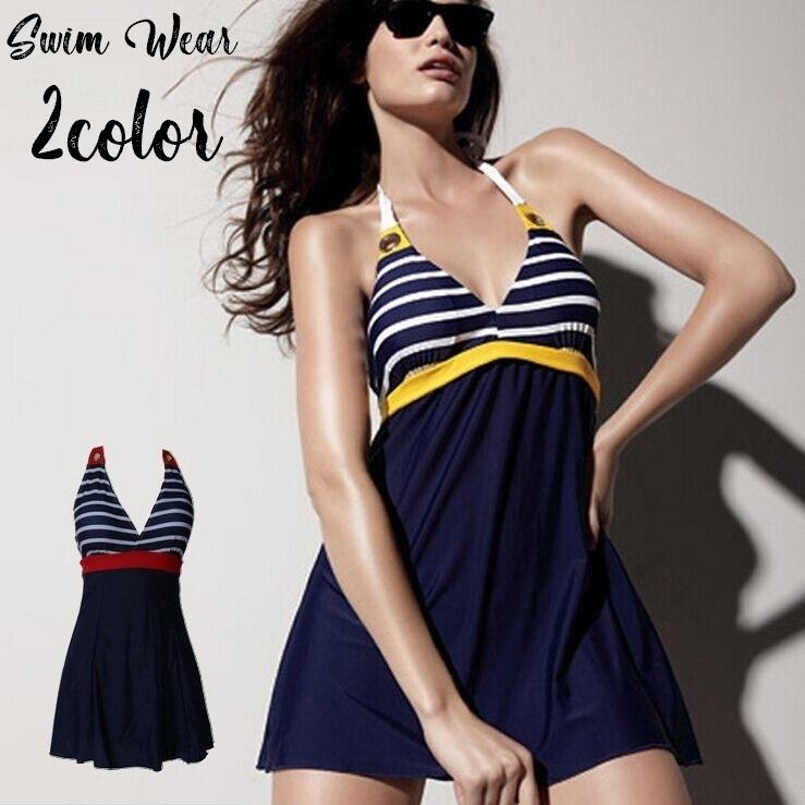 水着 ワンピース レディース 女性 スイムウェア 水泳用品 Aライン ホルターネック フレア フリル ウエスト紐 ボーダー しましま 背中開き パッド Swim プラスナオyahoo 店 通販 Yahoo ショッピング