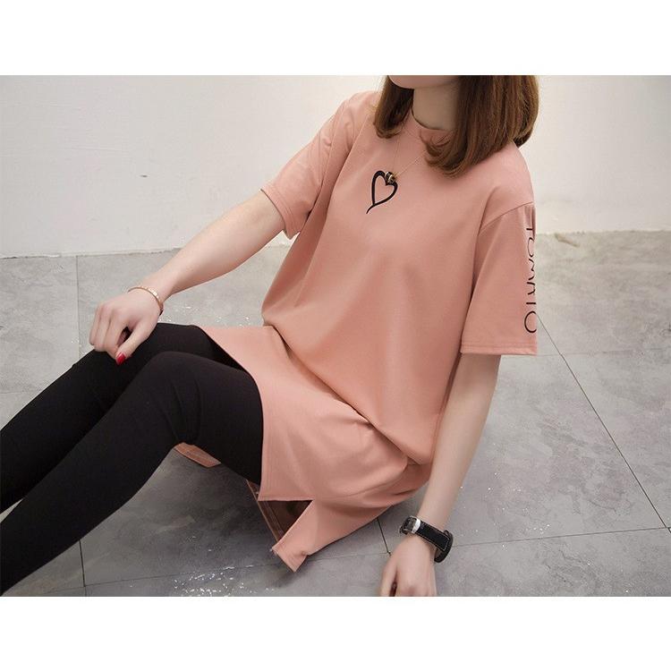 チュニック カットソー 半袖 レディース Tシャツワンピース ラウンドネック トップス 単色 シンプル ワンポイント ハートマーク ロゴ かわいい お | plusnao | 08