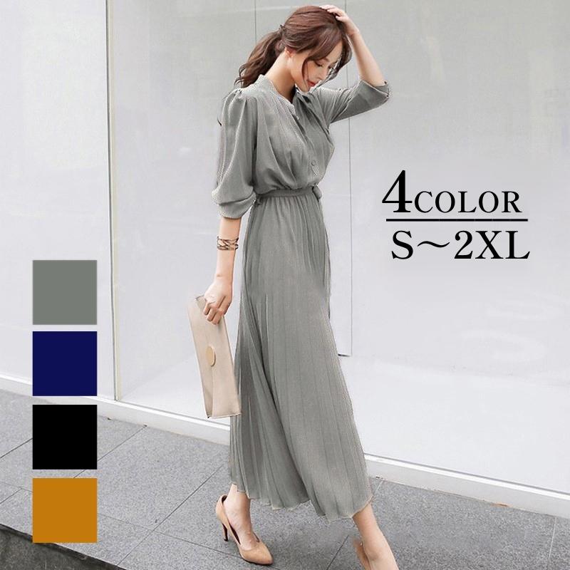 ワンピース ロング丈 シャツワンピ プリーツ シフォン フレア 長袖 マキシ ウエストリボン シンプル 無地 ふんわり ギャザー タック エレガント プラスナオ Paypayモール店 通販 Paypayモール