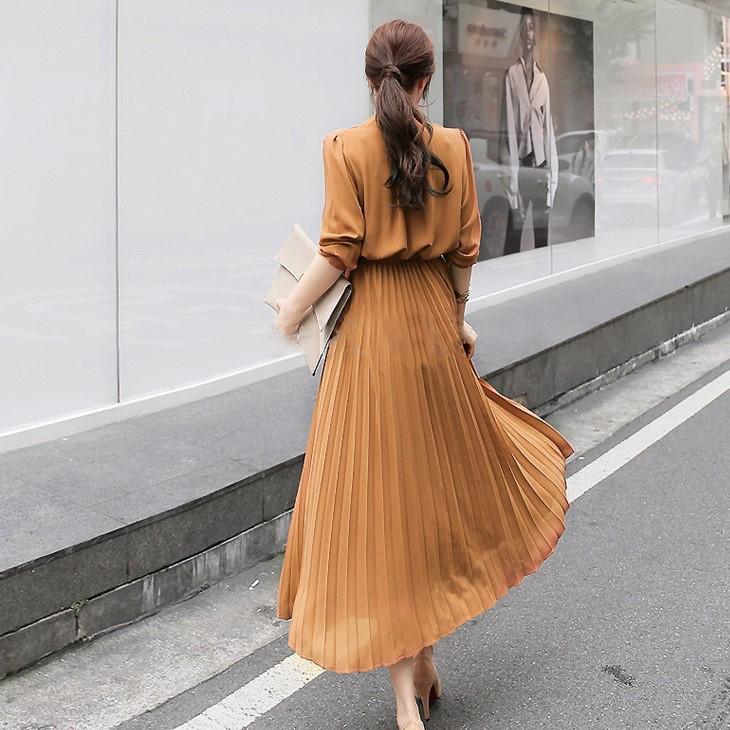 plusnao ワンピース ロング丈 シャツワンピ プリーツ シフォン フレア  