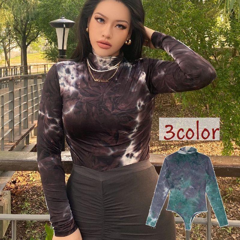 カットソー レディース ボディスーツ型 トップス 長袖 ハイネック タートルネック 絞り染め風 ジャンプスーツ エスニック おしゃれ 女性用 プラスナオ Paypayモール店 通販 Paypayモール