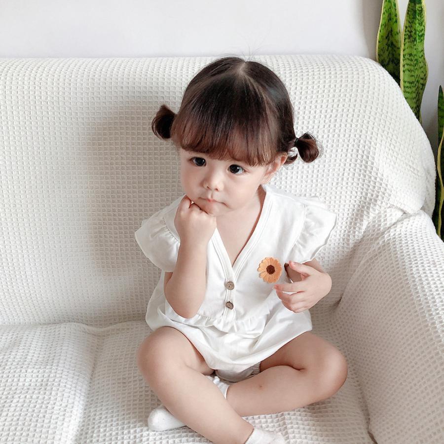 在庫一掃 ロンパース ベビー 赤ちゃん 新生児 幼児 子供用 女の子 つなぎ 半袖 フレア袖 前ボタン 股下ボタン ギャザー ワッペン お花 フラワー シンプル Cisama Sc Gov Br