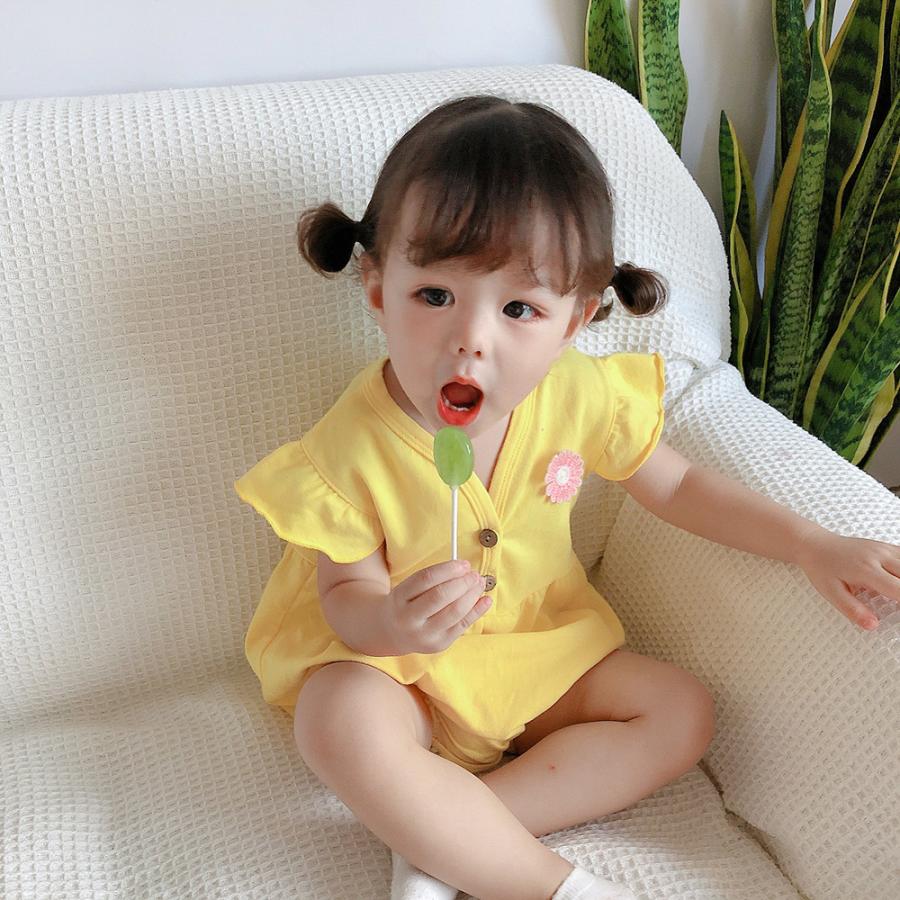 在庫一掃 ロンパース ベビー 赤ちゃん 新生児 幼児 子供用 女の子 つなぎ 半袖 フレア袖 前ボタン 股下ボタン ギャザー ワッペン お花 フラワー シンプル Cisama Sc Gov Br