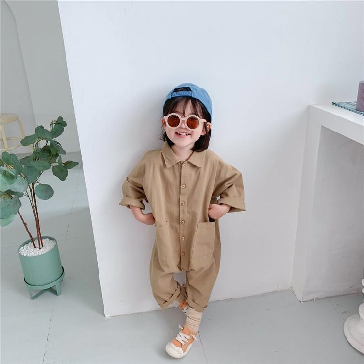 オールインワン つなぎ サルエル 子供服 キッズ ベビー 女の子 男の子 長袖 長ズボン 襟付き デニム ネイビー カーキ ロゴ プリント かわいい :top-05791:プラスナオ!店 通販 オールインワン つなぎ サルエル 子供服 キッズ ベビー カバーオール 男の子 女の子 カーキー ネイビー (ネイビー_110)