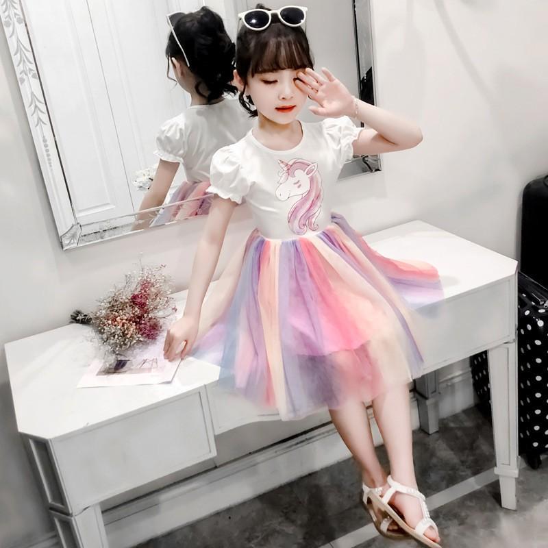 ワンピース 子供服 キッズ ジュニア 女の子 半袖 パフスリーブ ラウンドネック チュールスカート レインボーカラー ユニコーン プリンセス風 夏服 プラスナオ Paypayモール店 通販 Paypayモール