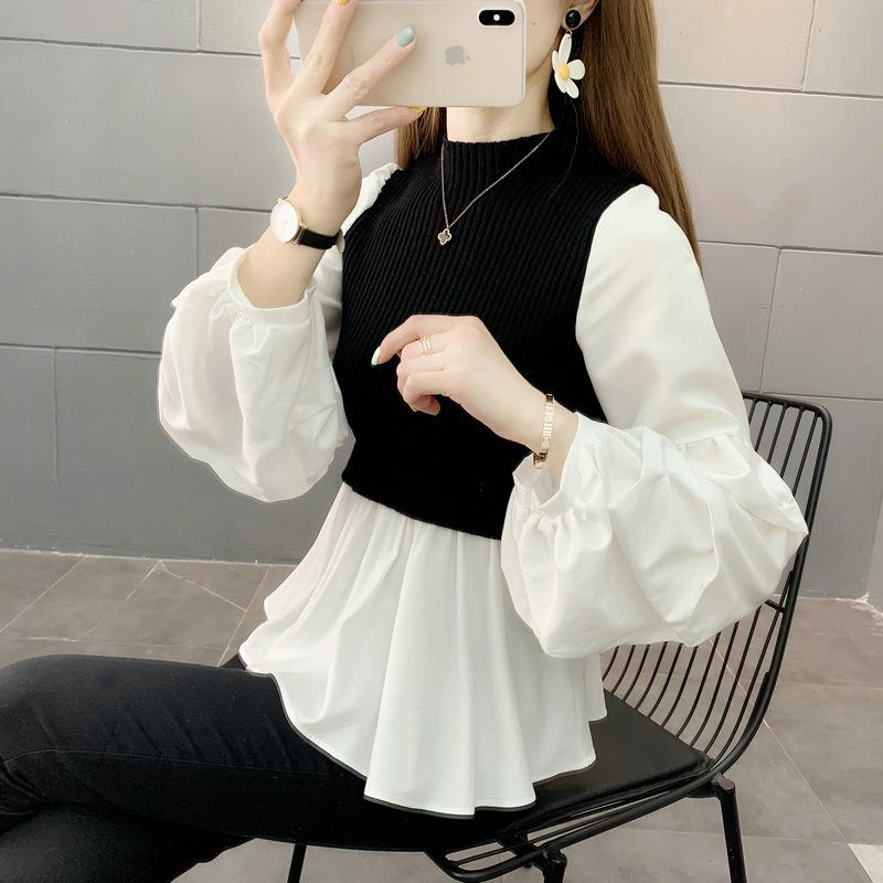 長袖カットソー フェイクレイヤード レディース トップス ベスト 白シャツ 重ね着風 無地 オフィスカジュアル 大人 きれいめ 女性 バルーンスリーブ プラスナオ Paypayモール店 通販 Paypayモール