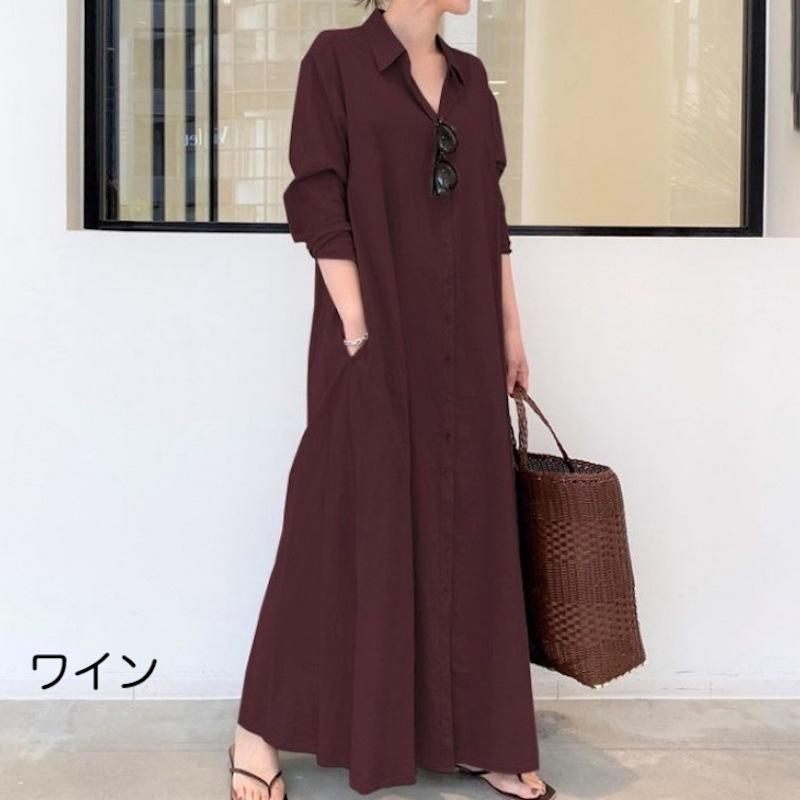 ワンピース 長袖 マキシ丈 レディース シャツワンピース Vネック A