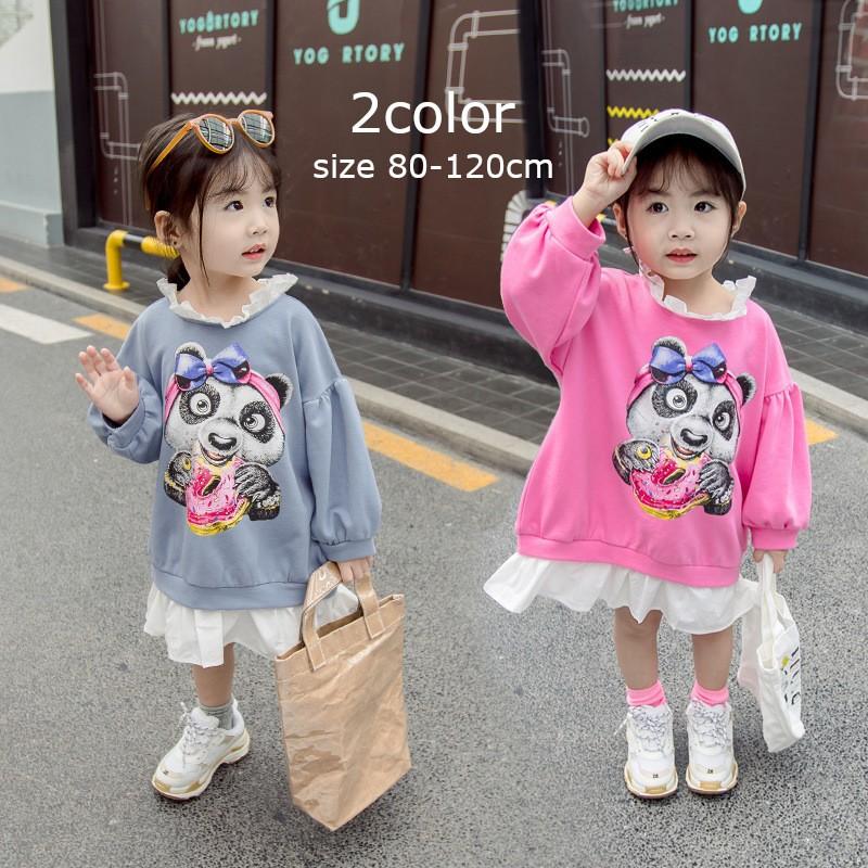 ワンピース トレーナー 長袖 キッズ ベビー 子供用 スエット オーバーサイズ パンダ イラスト フリル襟 女の子 かわいい プリント プラスナオ Paypayモール店 通販 Paypayモール