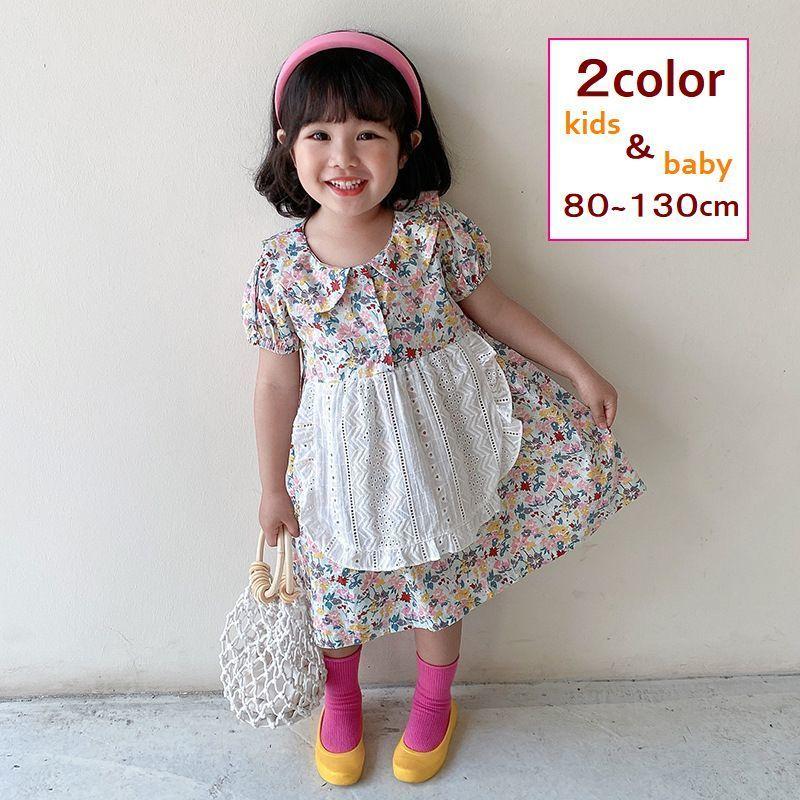 ワンピース キッズ ベビー 女の子 子供服 ドレス風ワンピース 半袖 ラウンドネック 襟付き 花柄 レース ふんわり かわいい おしゃれ 夏 お出かけ Top プラスナオyahoo 店 通販 Yahoo ショッピング
