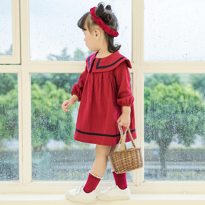 ワンピース 長袖 ミニ丈 ショート丈 子供服 キッズ ベビー Aライン フレアスカート バックボタン ピューリタンカラー ウィンドカフス かわいい 可