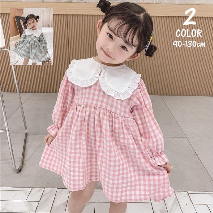 フレアワンピース キッズ 子供 フリル襟 ギンガムチェック 後ろボタン 長袖 ギャザー タック 切り替え 膝丈 かわいい 女の子 Top プラスナオyahoo 店 通販 Yahoo ショッピング