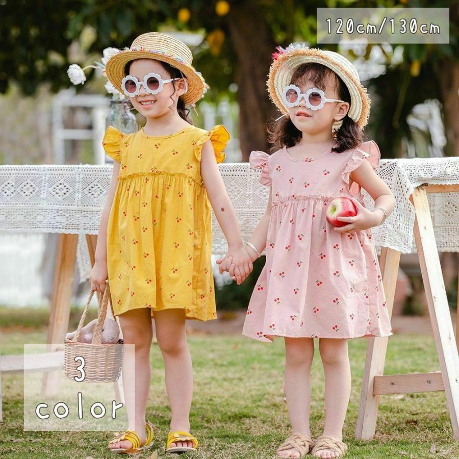 ワンピース キッズ ギャザーフリル さくらんぼ チェリー ミニ丈 ノースリーブ リボン かわいい おしゃれ 女の子 子供服 小学生 プラスナオ Paypayモール店 通販 Paypayモール