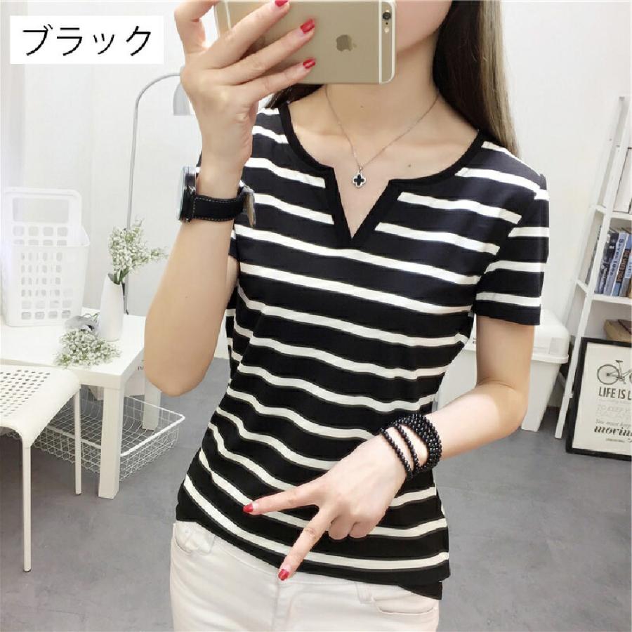 カットソー Tシャツ 半袖 レディース ボーダー しましま キーネック