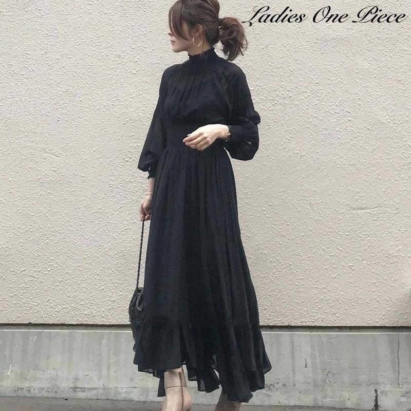 ワンピース 長袖 マキシ丈 ロング丈 レディース 女性 スタンドカラー 